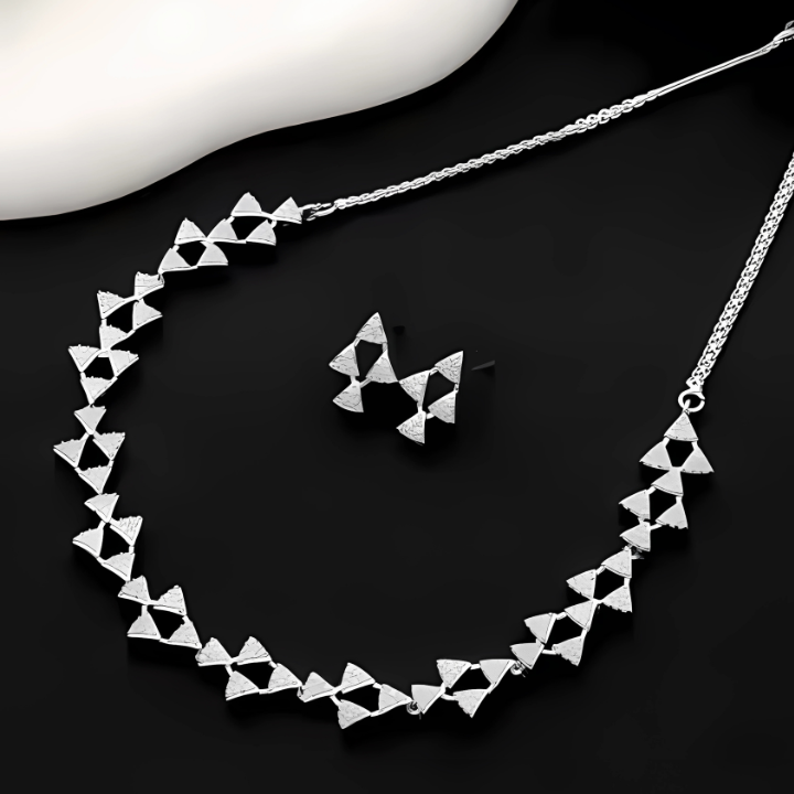 Veshoo Premium American Diamond Pendant Necklace | Triangular Link Set | Festive Jewellery