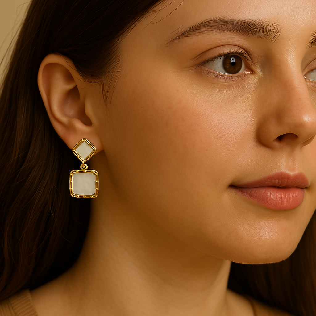 Veshoo Indo-Western Gold-Plated Square Earrings for Women – Two-Tiered Design with Beige/White Inlay & Embellished Borders