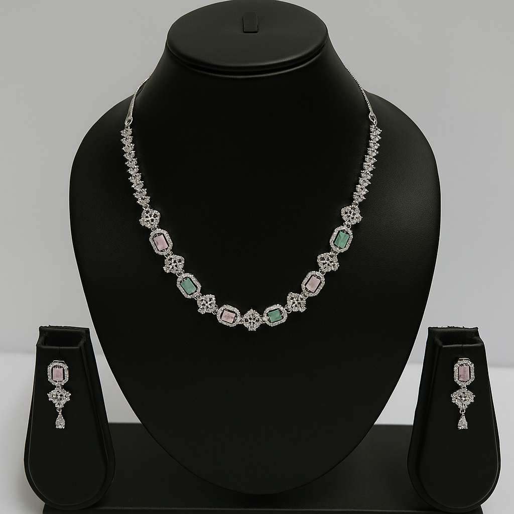Veshoo AD Jewelry Silver Toned Aqua Green Pink American Diamond Choker Necklace Set for Women & Girls | CZ Stone Bridal Jewellery with Earrings