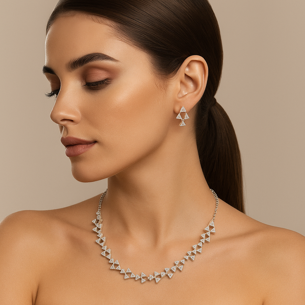 Veshoo Premium American Diamond Pendant Necklace | Triangular Link Set | Festive Jewellery