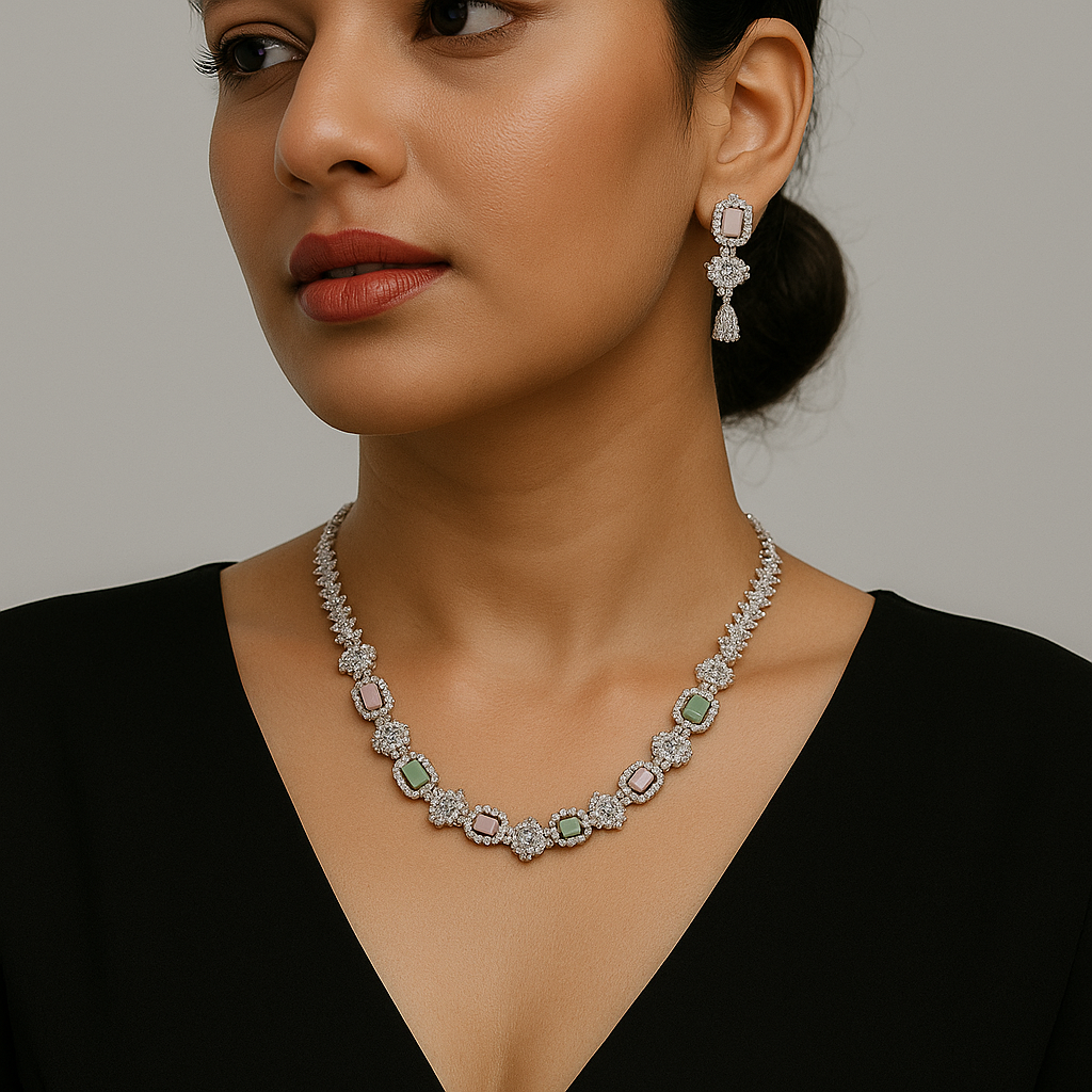 Veshoo AD Jewelry Silver Toned Aqua Green Pink American Diamond Choker Necklace Set for Women & Girls | CZ Stone Bridal Jewellery with Earrings