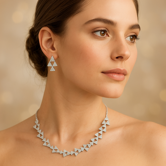 Veshoo Premium American Diamond Pendant Necklace | Triangular Link Set | Festive Jewellery