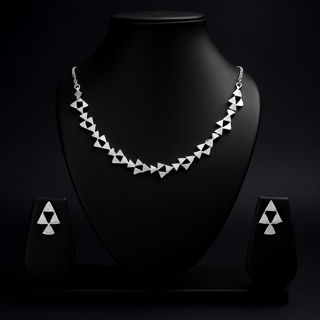 Veshoo Premium American Diamond Pendant Necklace | Triangular Link Set | Festive Jewellery