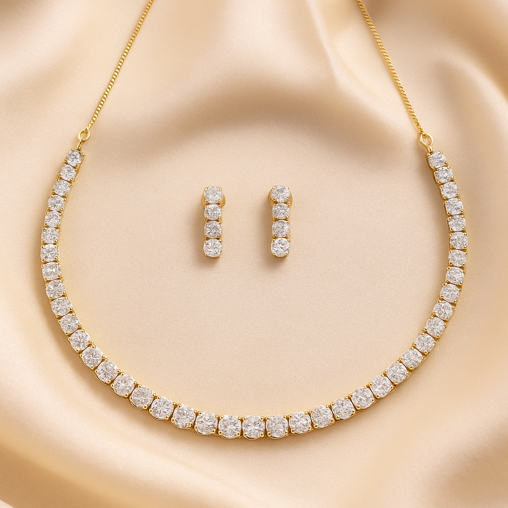 Veshoo White AD Solitaire Rhodium-Plated Silver Necklace Set with Earrings for Women & Girls – Handcrafted CZ Jewelry