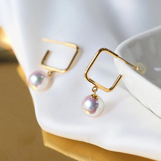 Veshoo Stylish Golden Korean Pearl Rectangle Earrings – Unique Zinc Drop & Dangler for Women, Anti-Tarnish Finish