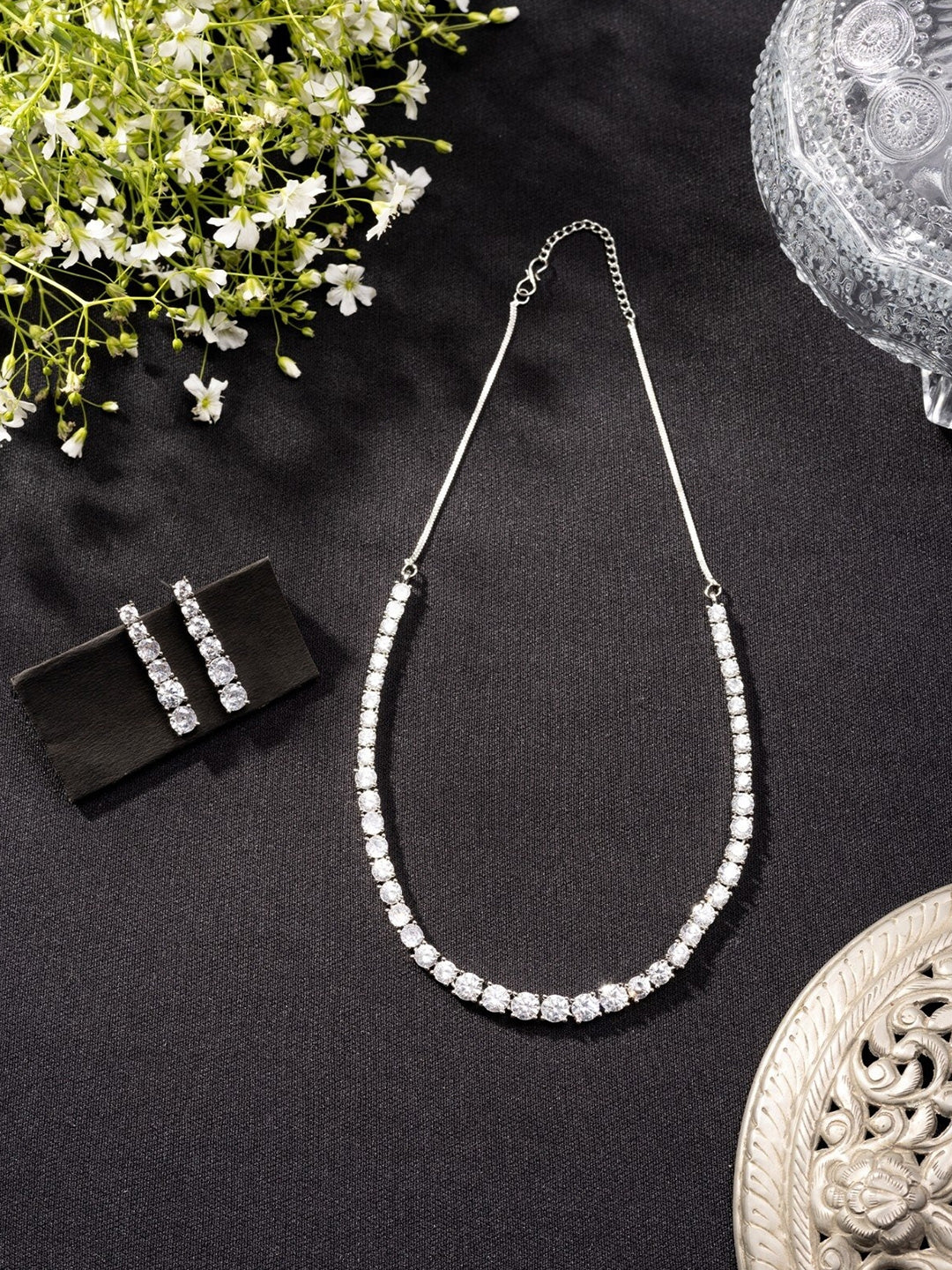 Veshoo White AD Solitaire Rhodium-Plated Silver Necklace Set with Earrings for Women & Girls – Handcrafted CZ Jewelry