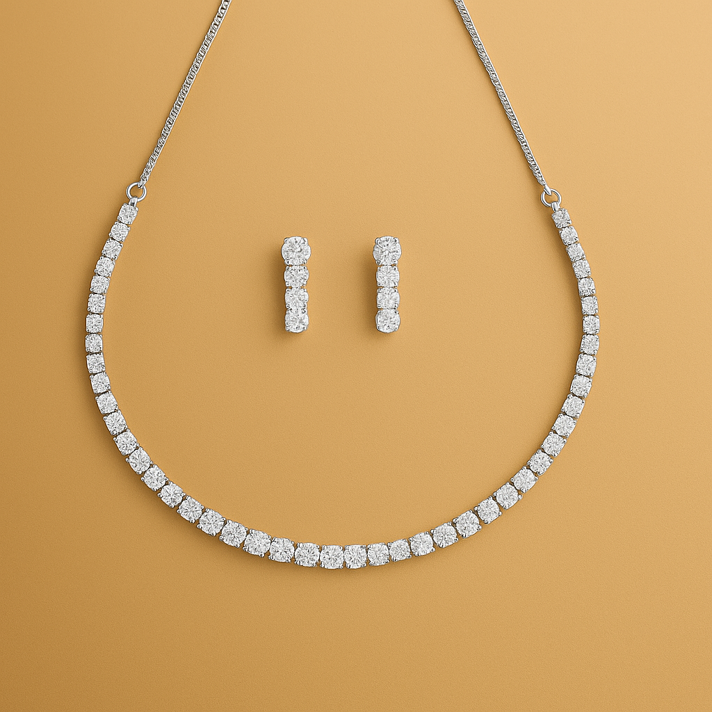 Veshoo White AD Solitaire Rhodium-Plated Silver Necklace Set with Earrings for Women & Girls – Handcrafted CZ Jewelry