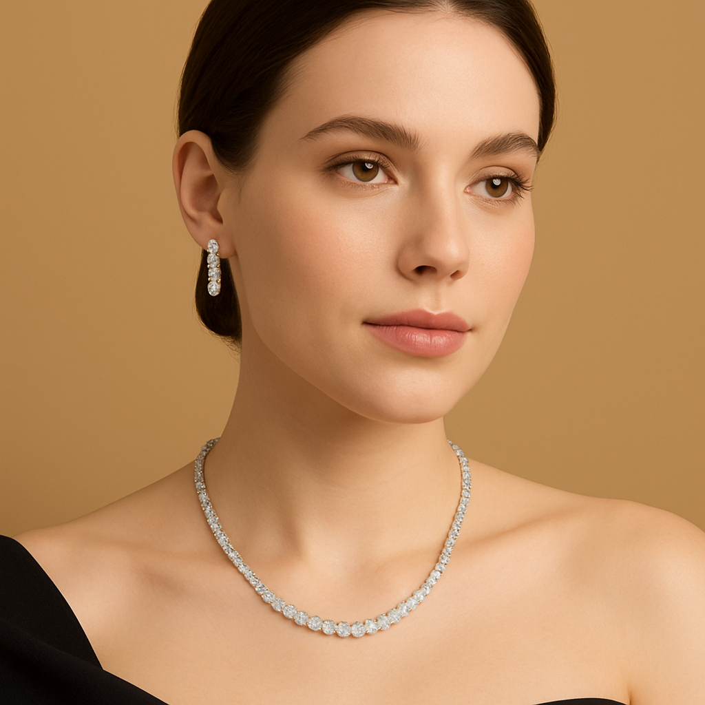 Veshoo White AD Solitaire Rhodium-Plated Silver Necklace Set with Earrings for Women & Girls – Handcrafted CZ Jewelry