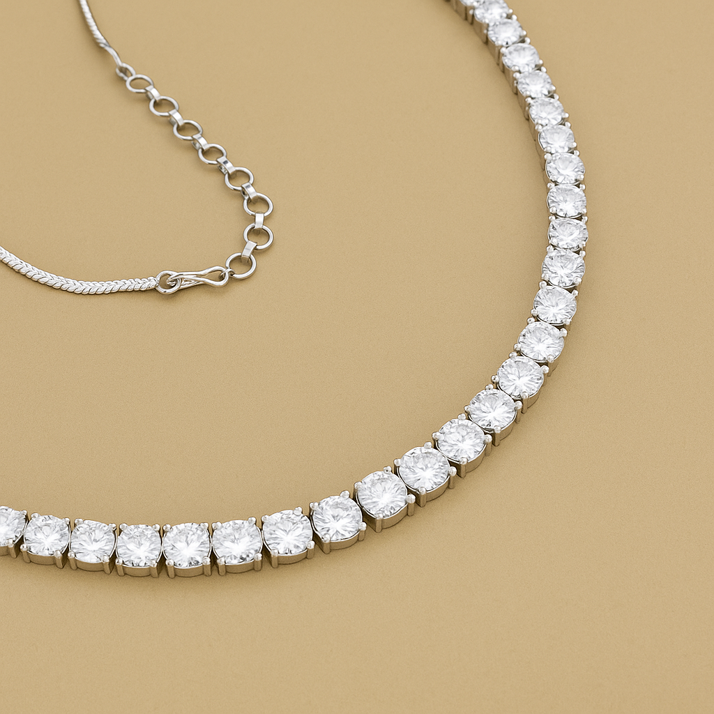 Veshoo White AD Solitaire Rhodium-Plated Silver Necklace Set with Earrings for Women & Girls – Handcrafted CZ Jewelry