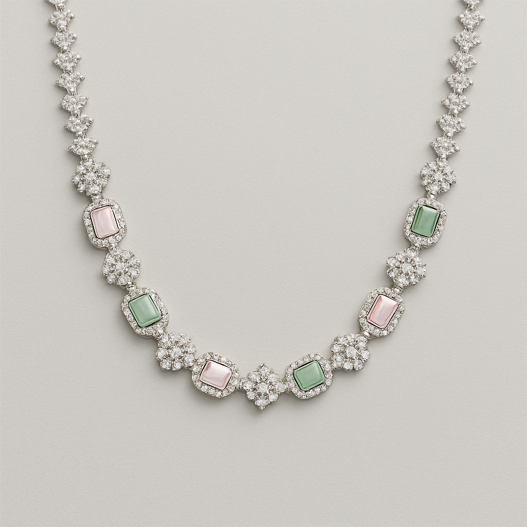 Veshoo AD Jewelry Silver Toned Aqua Green Pink American Diamond Choker Necklace Set for Women & Girls | CZ Stone Bridal Jewellery with Earrings