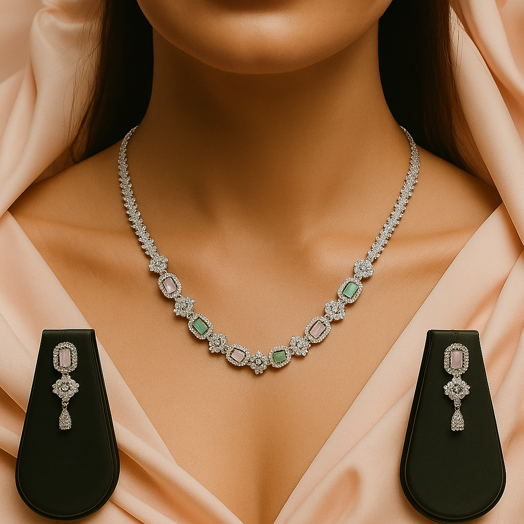 Veshoo AD Jewelry Silver Toned Aqua Green Pink American Diamond Choker Necklace Set for Women & Girls | CZ Stone Bridal Jewellery with Earrings