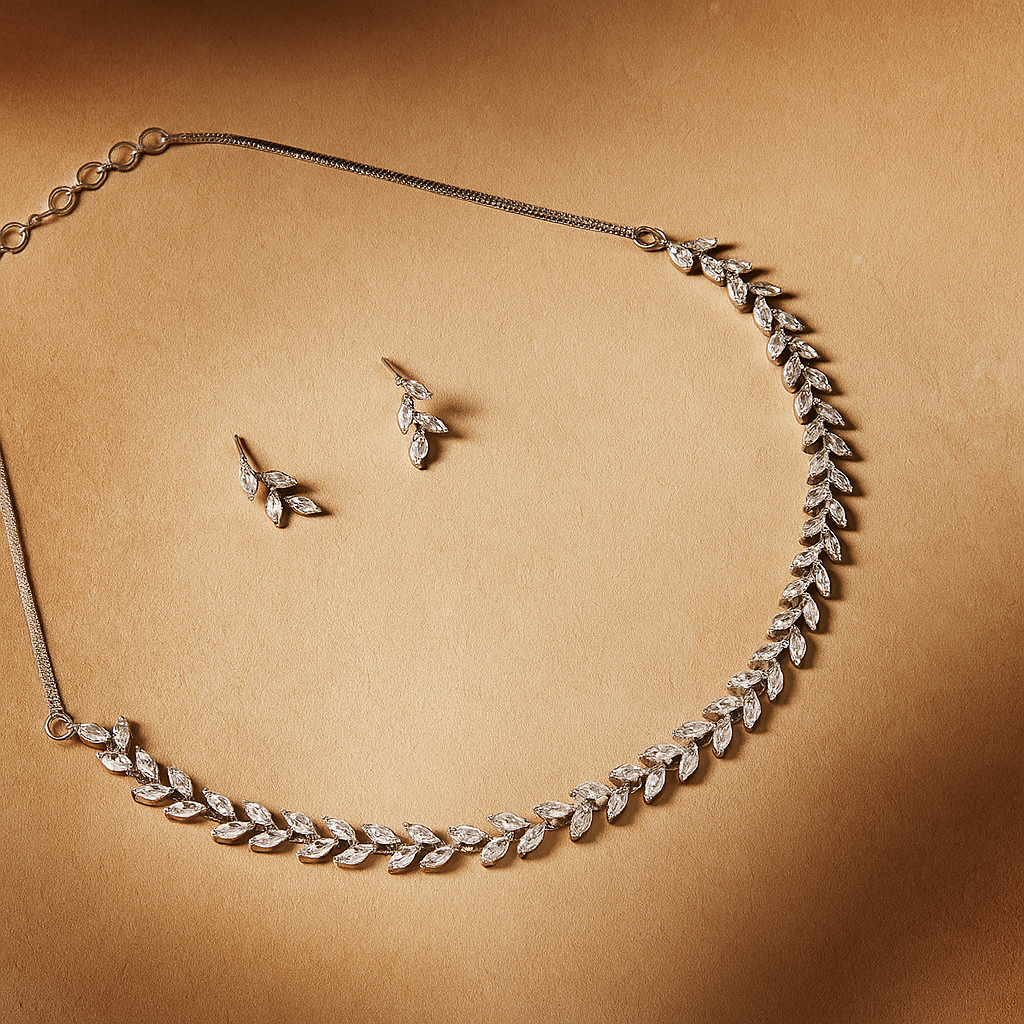 Veshoo Elegant American Diamond-Studded Necklace And Earrings For Women & Girls