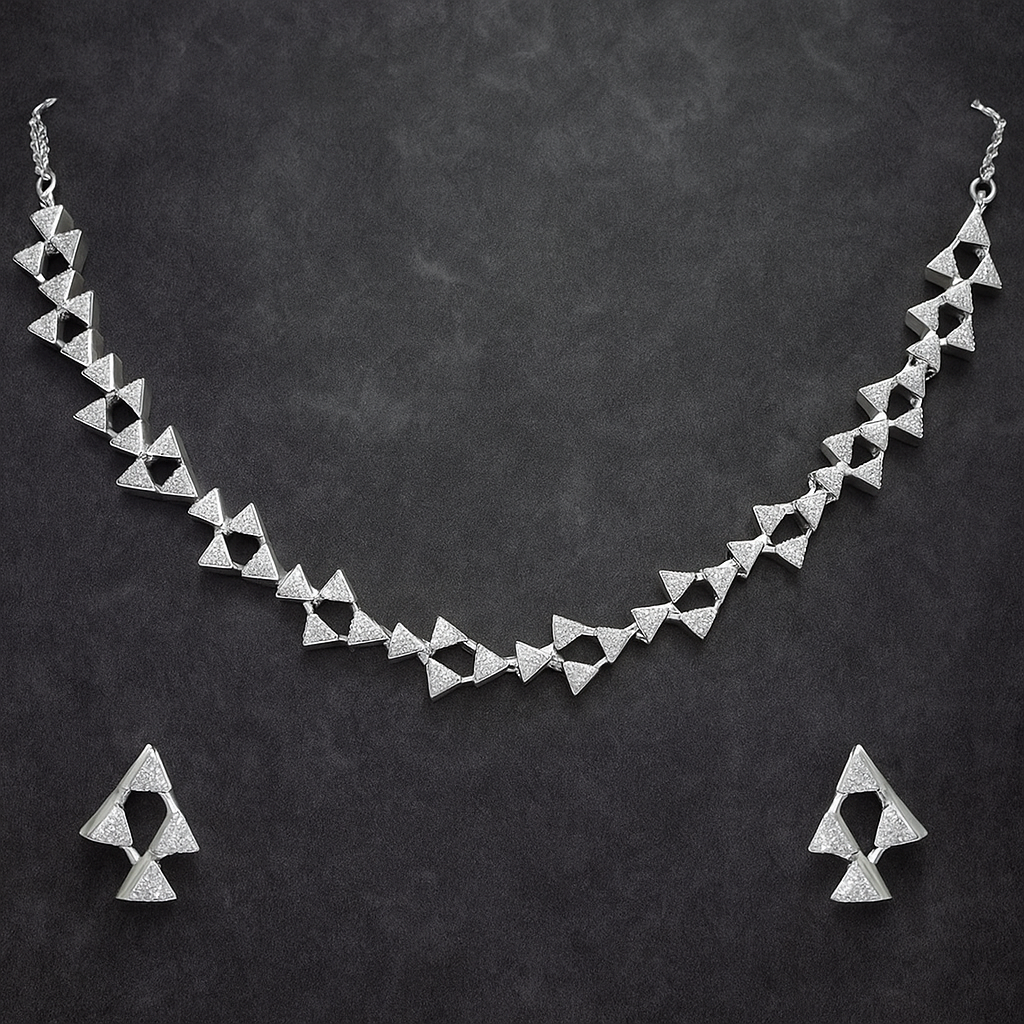 Veshoo Premium American Diamond Pendant Necklace | Triangular Link Set | Festive Jewellery