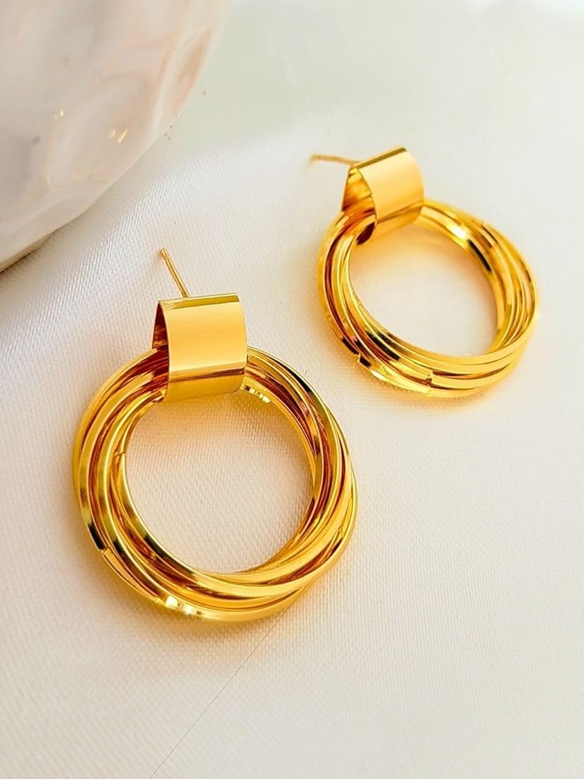 Veshoo Traditional Round Multi-Layered Gold Stud Earrings for Women & Girls | Elegant Alloy Geometric Earrings