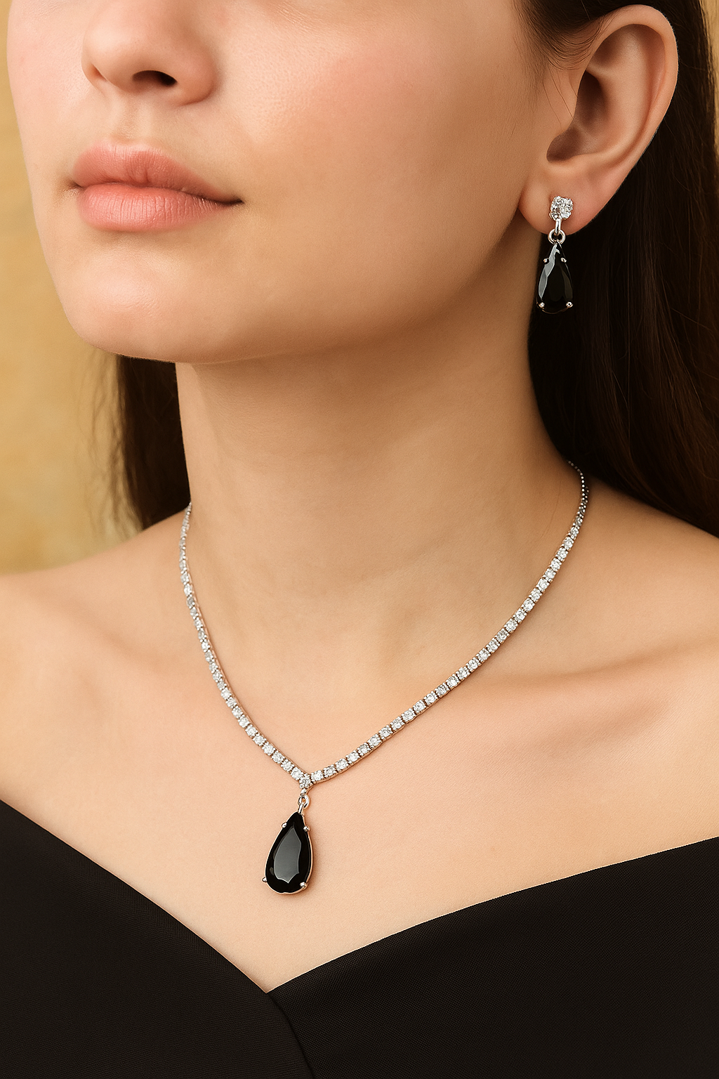 Veshoo Floral Drop Emerald Necklace Set with American Diamonds | Silver Plated Jewellery for Girls & Women