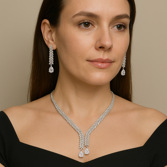 Veshoo American Diamond Necklace Set for Women | Sparkling Crystal Jewellery with Earrings | Elegant Gift for Girls & Women