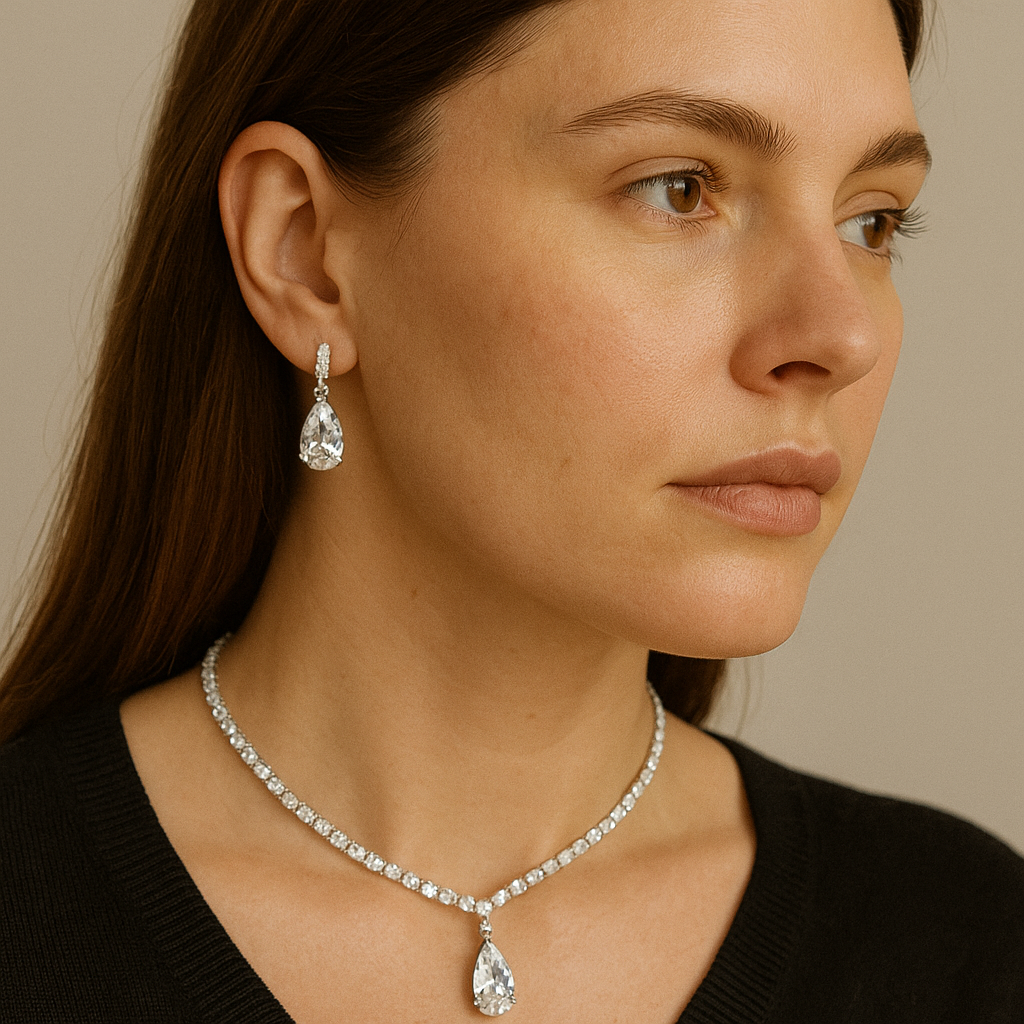 Veshoo Floral Drop Emerald Necklace Set with American Diamonds | Silver Plated Jewellery for Girls & Women