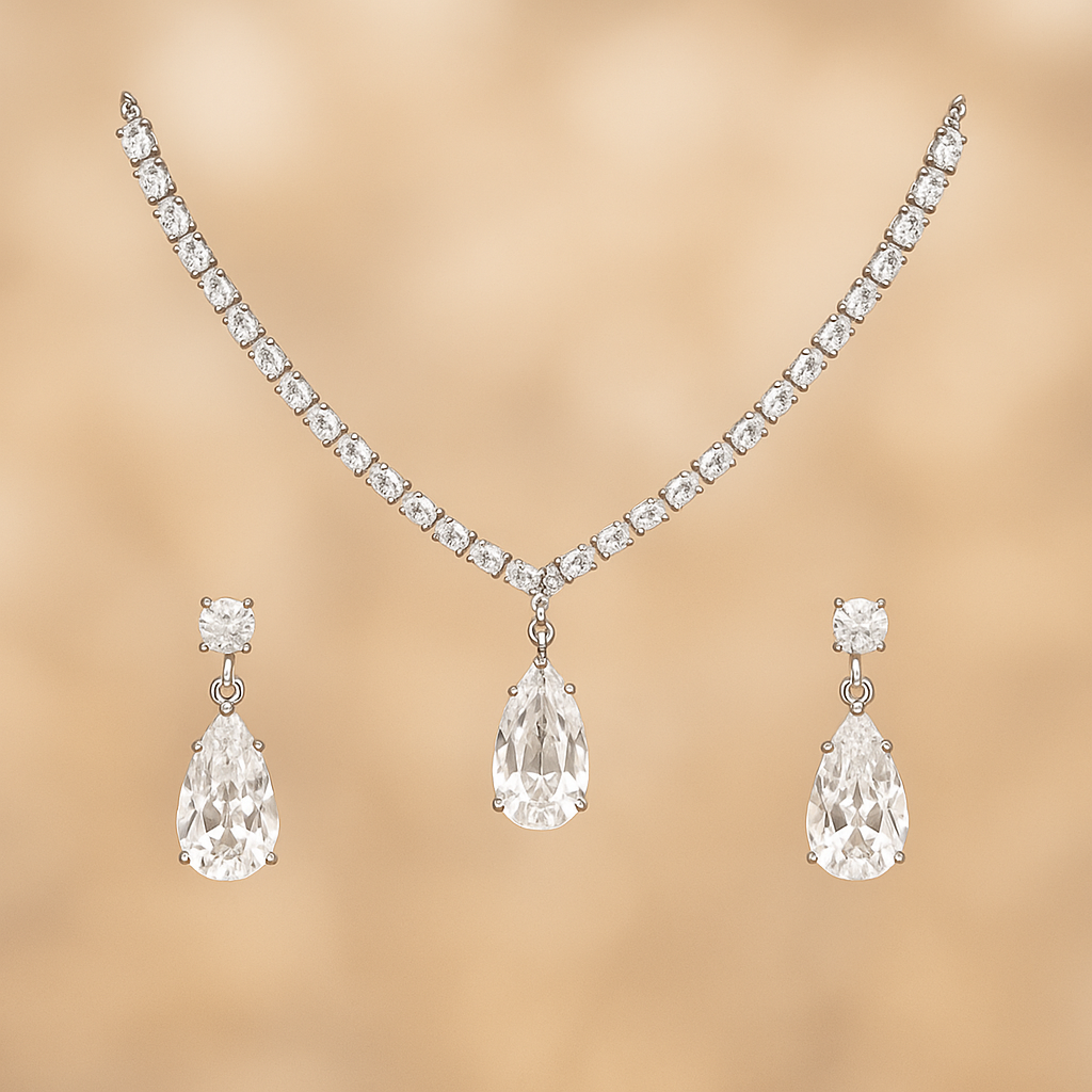 Veshoo Floral Drop Emerald Necklace Set with American Diamonds | Silver Plated Jewellery for Girls & Women