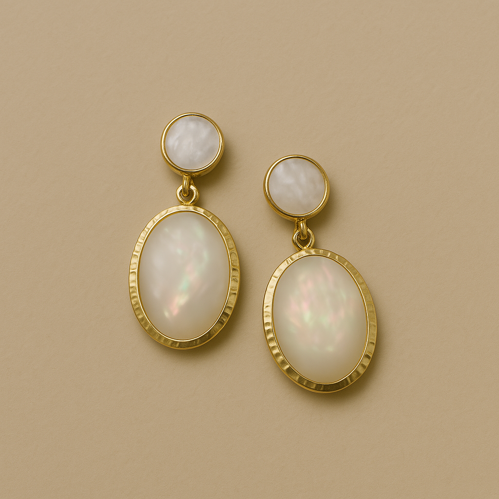 Veshoo Gold-Plated Pearl Stud Drop Earrings – Elegant Oval Mother-of-Pearl Dangles for Women