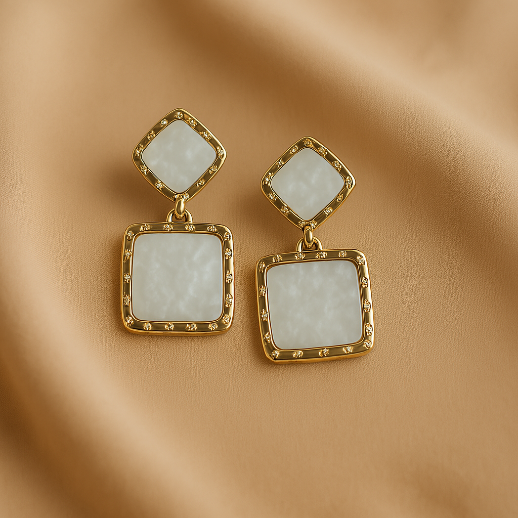Veshoo Indo-Western Gold-Plated Square Earrings for Women – Two-Tiered Design with Beige/White Inlay & Embellished Borders