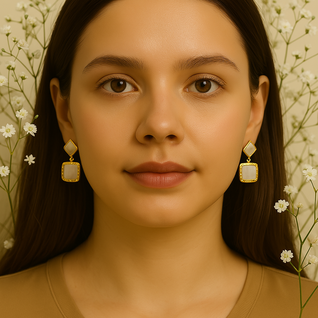 Veshoo Indo-Western Gold-Plated Square Earrings for Women – Two-Tiered Design with Beige/White Inlay & Embellished Borders