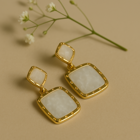 Veshoo Indo-Western Gold-Plated Square Earrings for Women – Two-Tiered Design with Beige/White Inlay & Embellished Borders