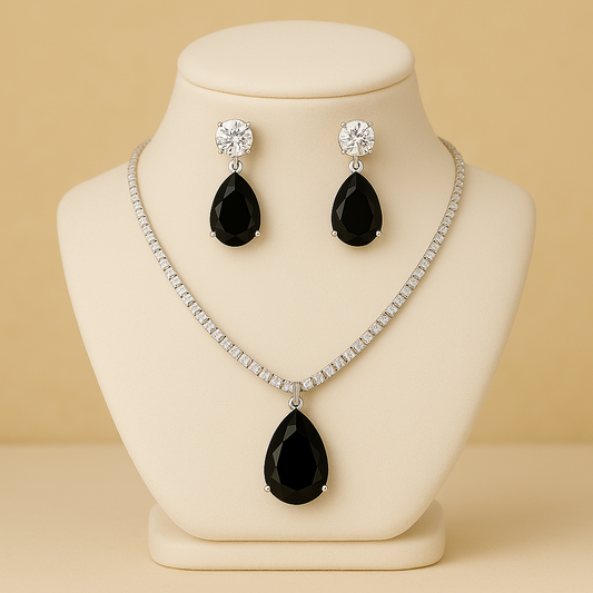 Veshoo Floral Drop Emerald Necklace Set with American Diamonds | Silver Plated Jewellery for Girls & Women