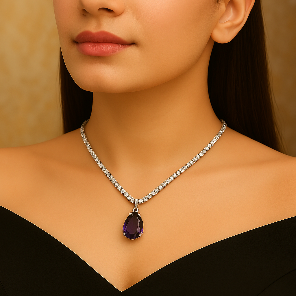 Veshoo Floral Drop Emerald Necklace Set with American Diamonds | Silver Plated Jewellery for Girls & Women