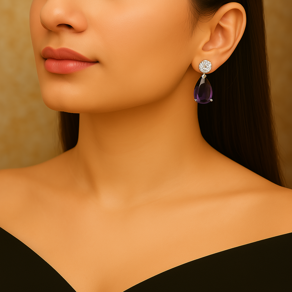 Veshoo Floral Drop Emerald Necklace Set with American Diamonds | Silver Plated Jewellery for Girls & Women