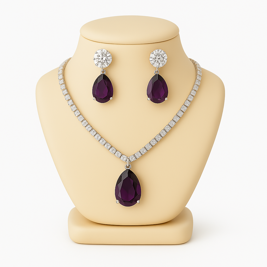 Veshoo Floral Drop Emerald Necklace Set with American Diamonds | Silver Plated Jewellery for Girls & Women