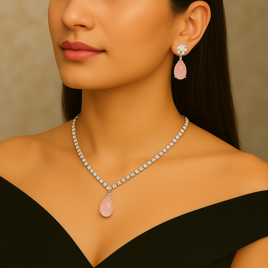 Veshoo Floral Drop Emerald Necklace Set with American Diamonds | Silver Plated Jewellery for Girls & Women