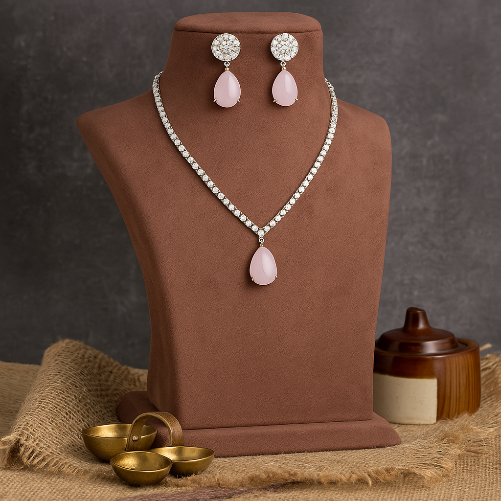 Veshoo Floral Drop Emerald Necklace Set with American Diamonds | Silver Plated Jewellery for Girls & Women