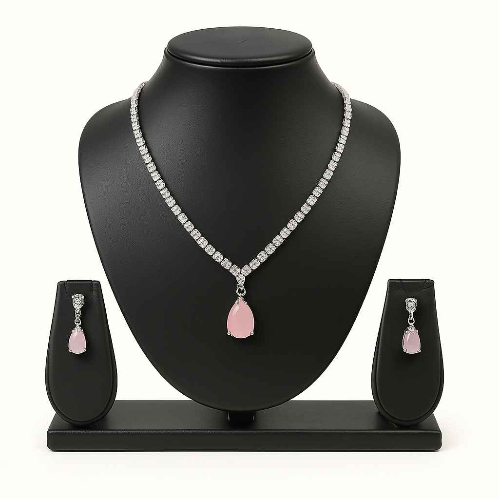 Veshoo Floral Drop Emerald Necklace Set with American Diamonds | Silver Plated Jewellery for Girls & Women