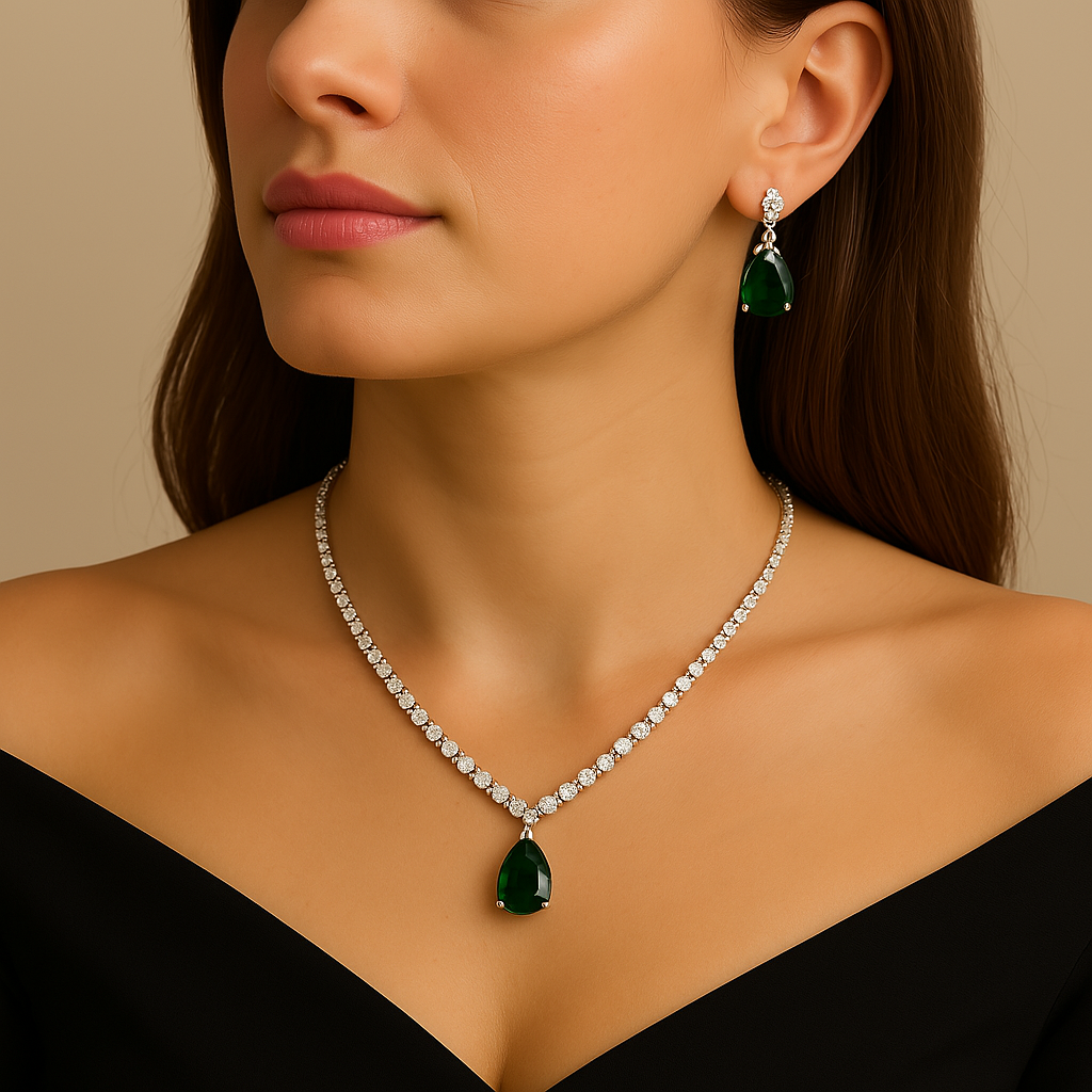 Veshoo Floral Drop Emerald Necklace Set with American Diamonds | Silver Plated Jewellery for Girls & Women