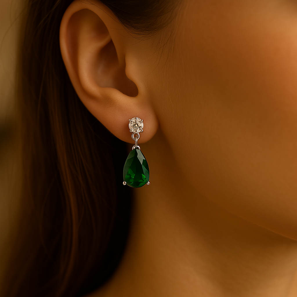 Veshoo Floral Drop Emerald Necklace Set with American Diamonds | Silver Plated Jewellery for Girls & Women