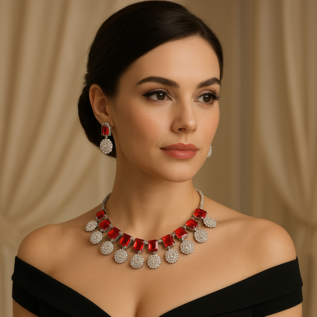 Veshoo Crystal Crown Square Stone Necklace Set with Earrings For Girls & Womens