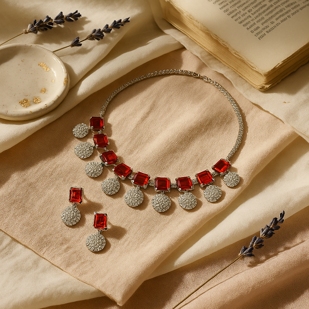 Veshoo Crystal Crown Square Stone Necklace Set with Earrings For Girls & Womens