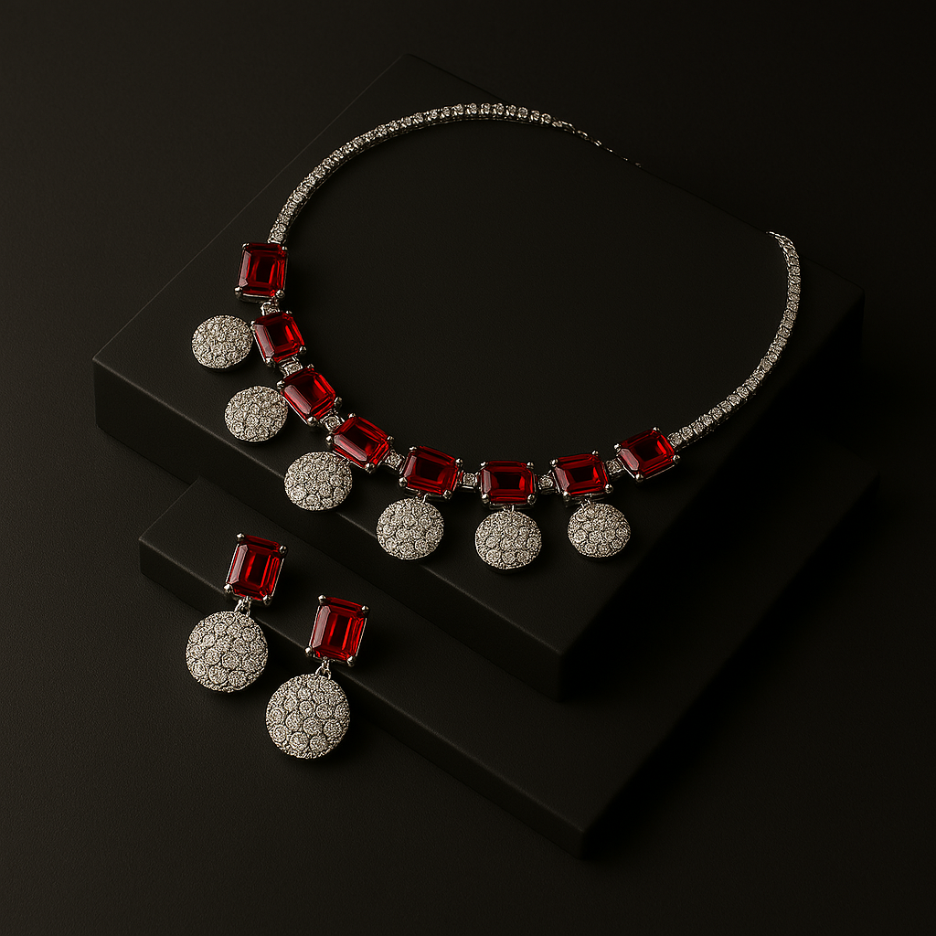 Veshoo Crystal Crown Square Stone Necklace Set with Earrings For Girls & Womens