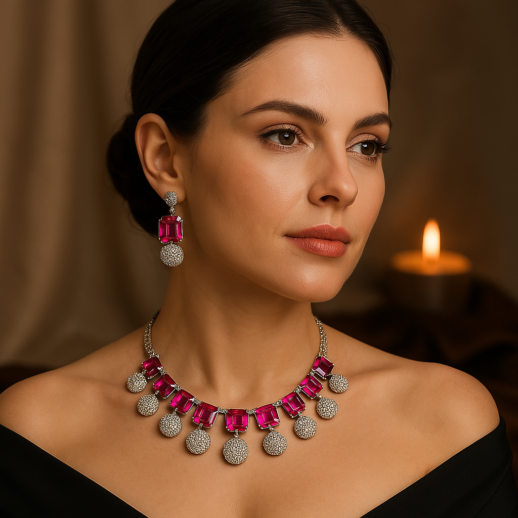 Veshoo Crystal Crown Square Stone Necklace Set with Earrings For Girls & Womens