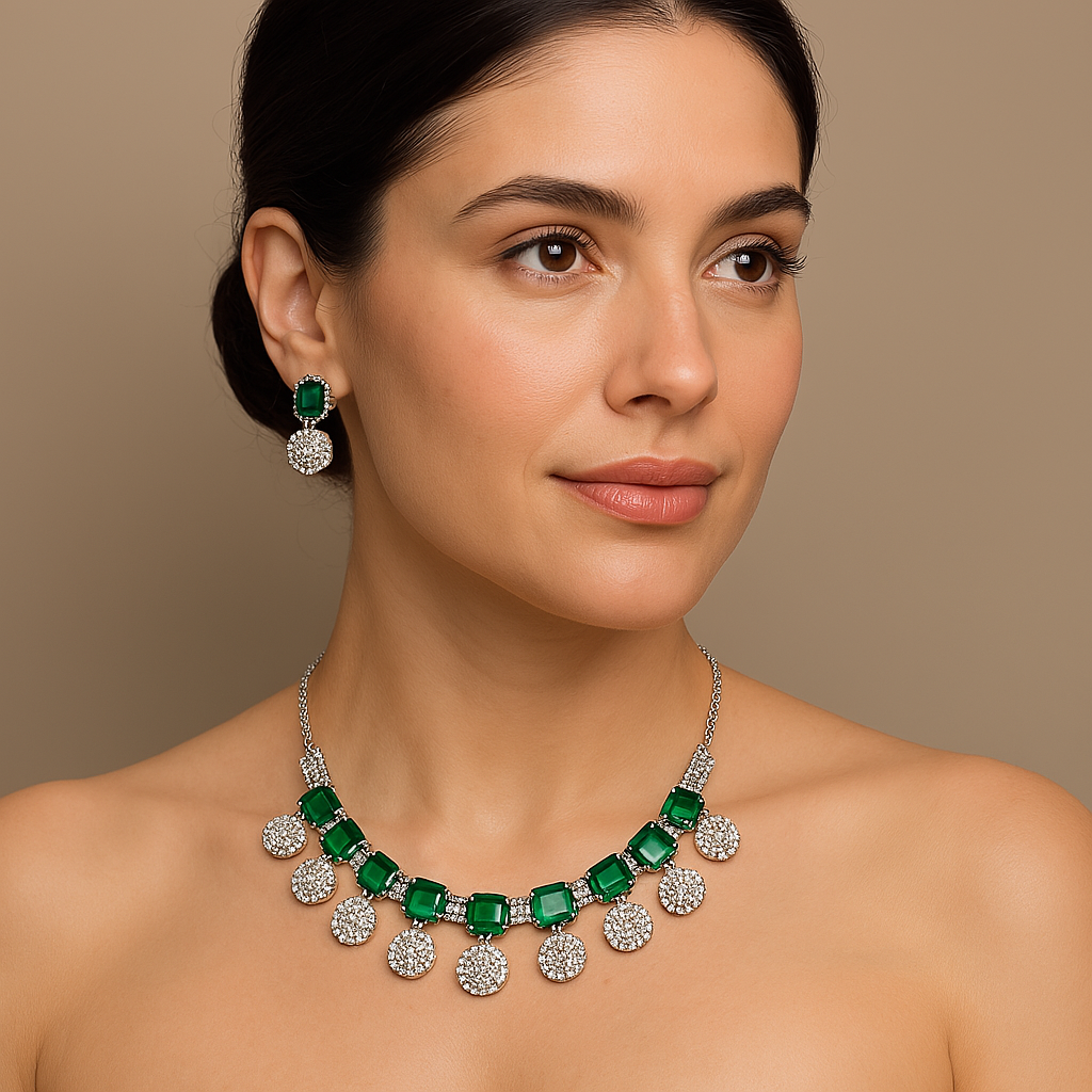 Veshoo Crystal Crown Square Stone Necklace Set with Earrings For Girls & Womens