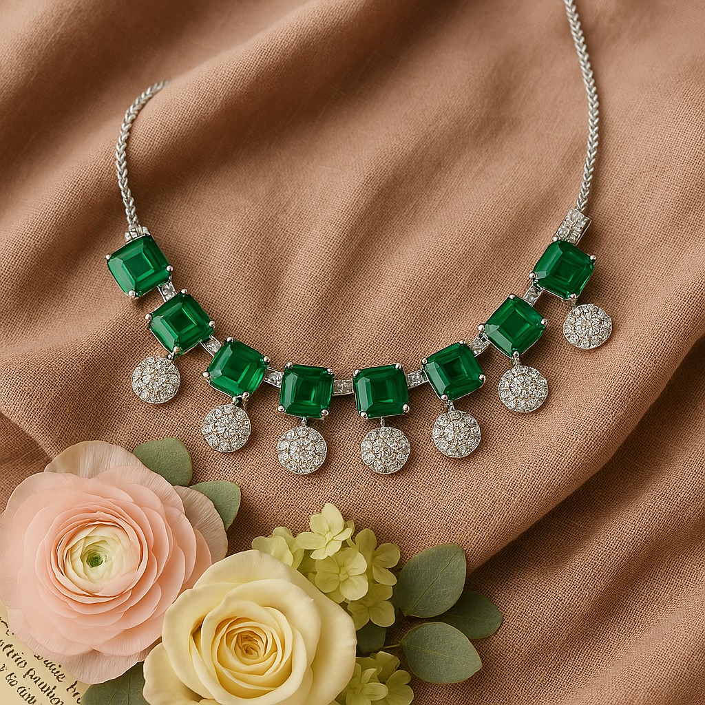 Veshoo Crystal Crown Square Stone Necklace Set with Earrings For Girls & Womens