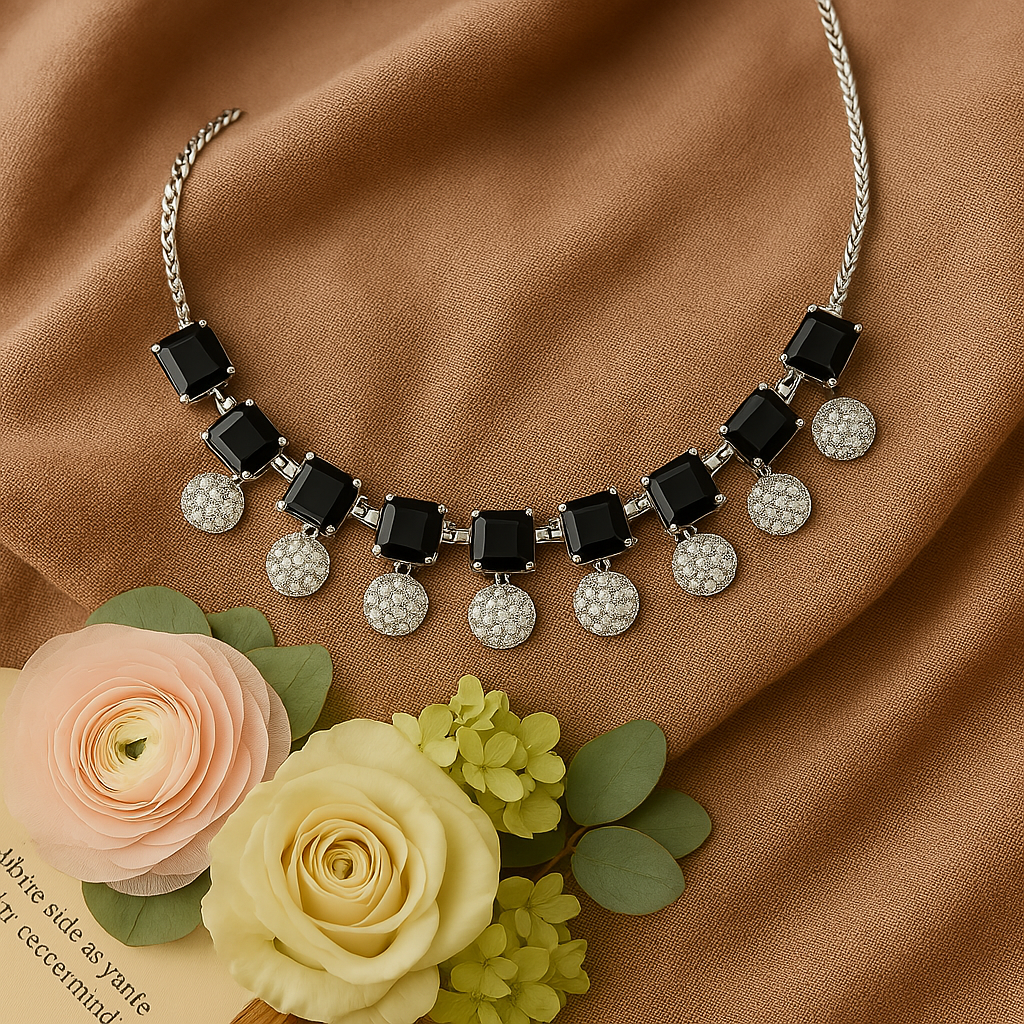 Veshoo Crystal Crown Square Stone Necklace Set with Earrings For Girls & Womens