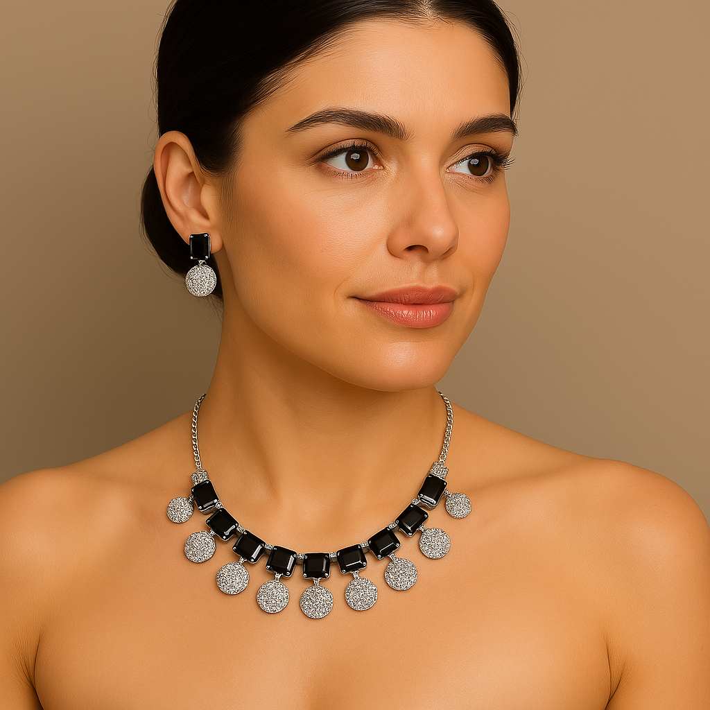 Veshoo Crystal Crown Square Stone Necklace Set with Earrings For Girls & Womens