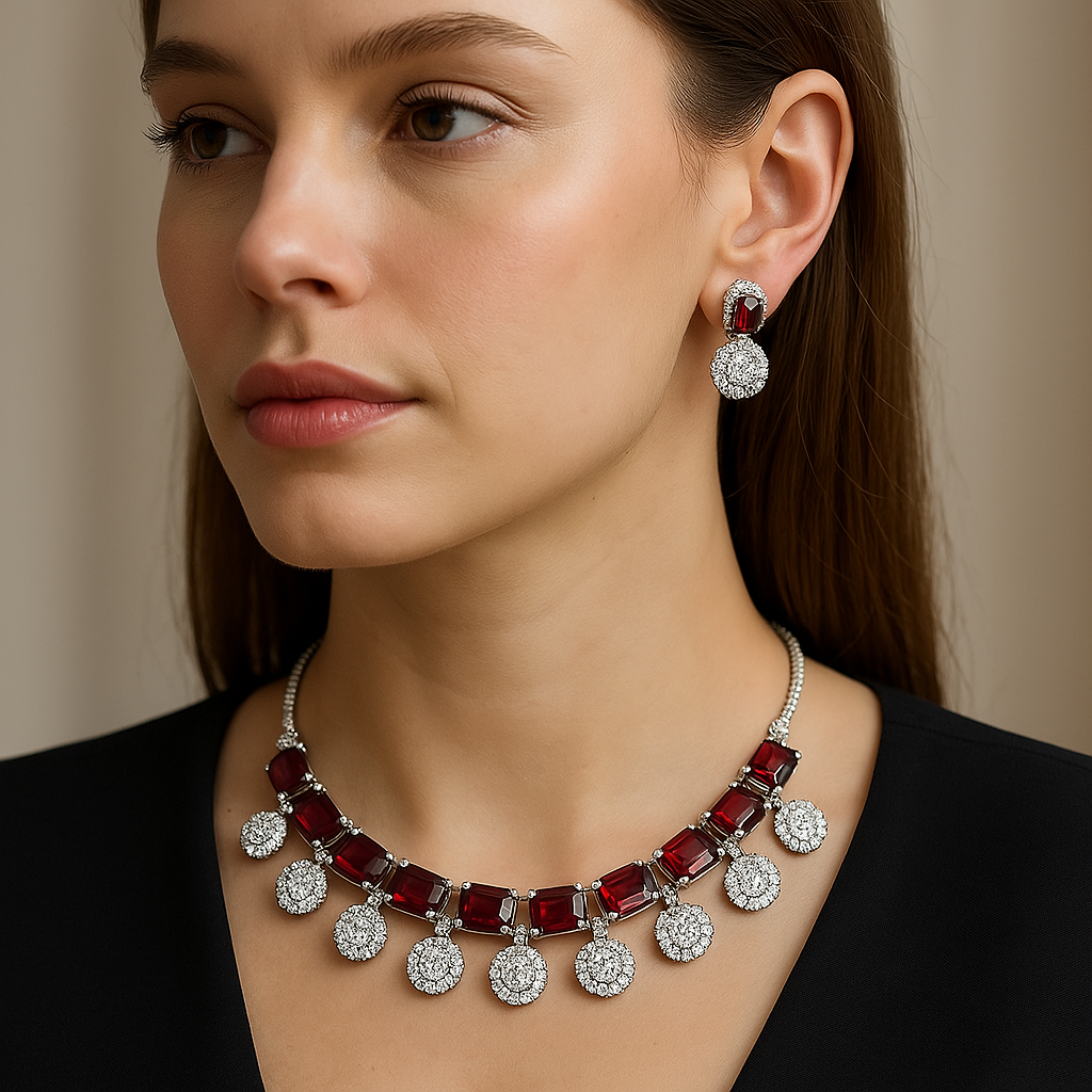 Veshoo Crystal Crown Square Stone Necklace Set with Earrings For Girls & Womens