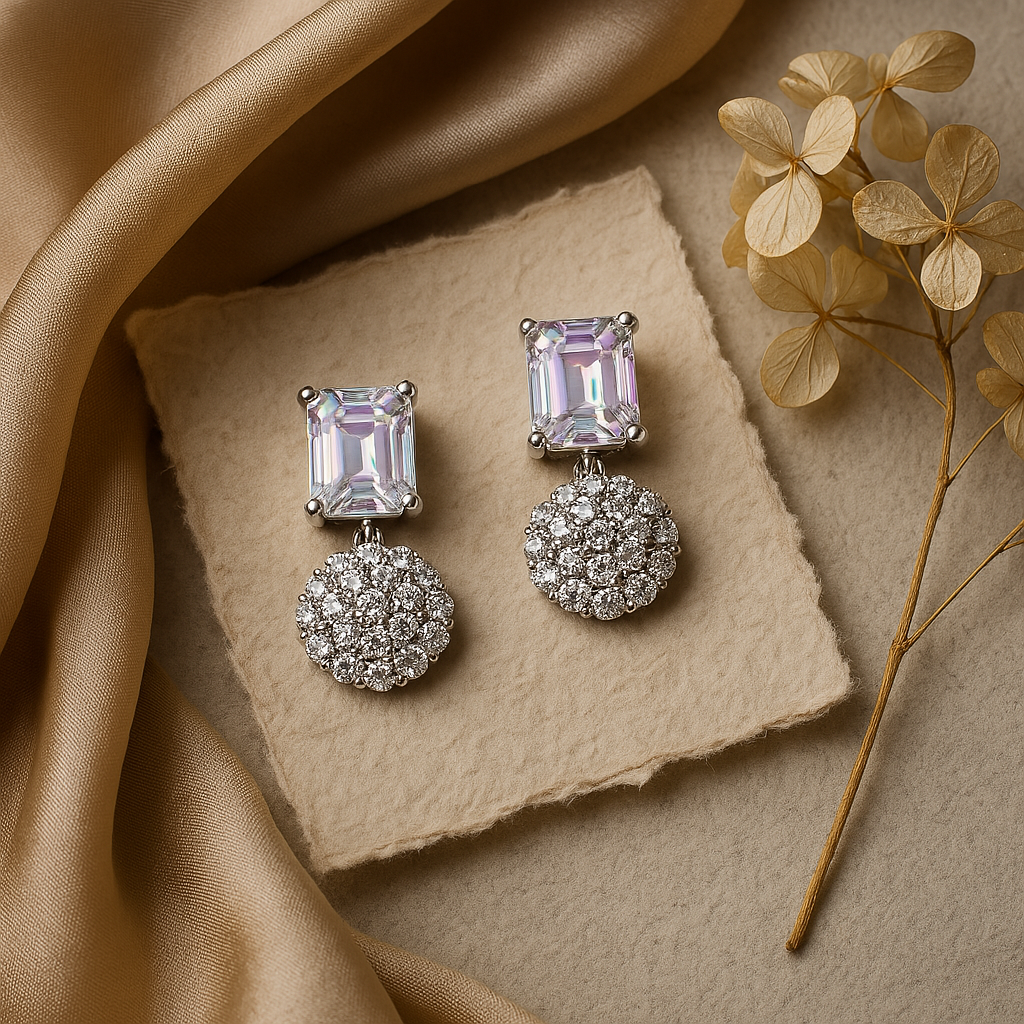 Veshoo Crystal Crown Square Stone Necklace Set with Earrings For Girls & Womens