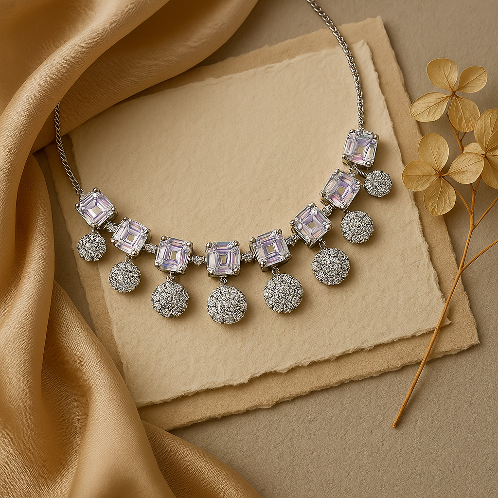 Veshoo Crystal Crown Square Stone Necklace Set with Earrings For Girls & Womens