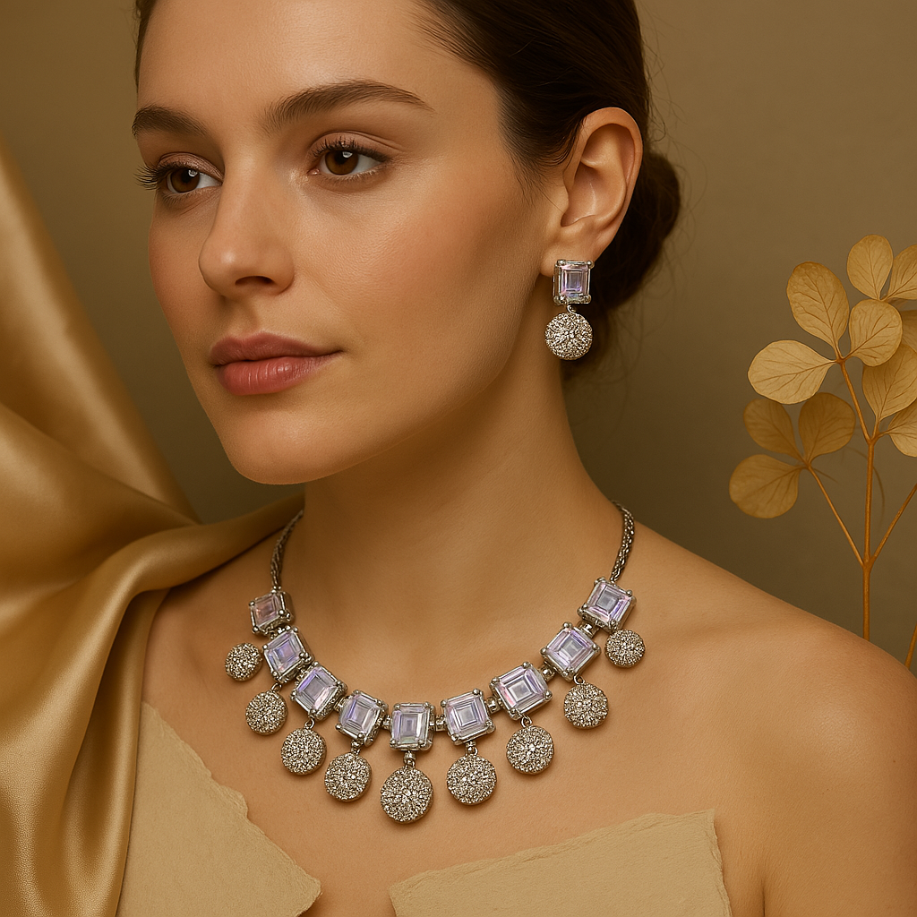 Veshoo Crystal Crown Square Stone Necklace Set with Earrings For Girls & Womens