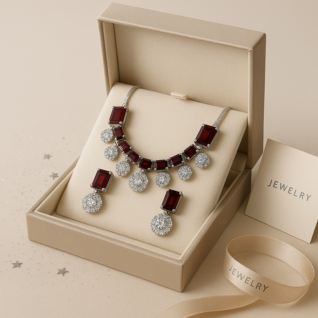 Veshoo Crystal Crown Square Stone Necklace Set with Earrings For Girls & Womens