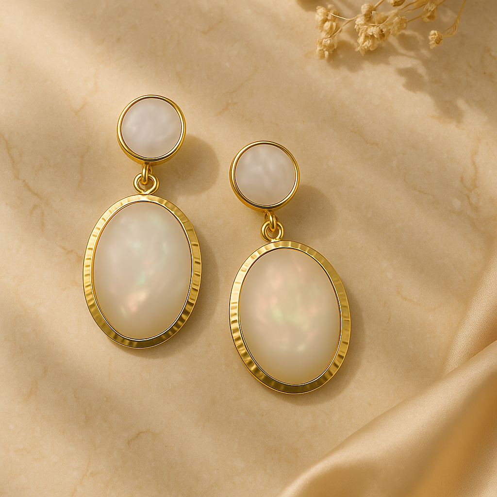 Veshoo Gold-Plated Pearl Stud Drop Earrings – Elegant Oval Mother-of-Pearl Dangles for Women
