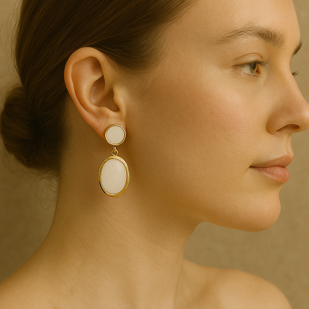 Veshoo Gold-Plated Pearl Stud Drop Earrings – Elegant Oval Mother-of-Pearl Dangles for Women